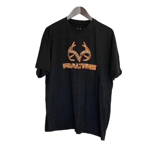 Real Tree Black S/S T-Shirt Men's Size 2XL XXL Antlers Camo Spell-out Hunt Fish - Picture 1 of 5
